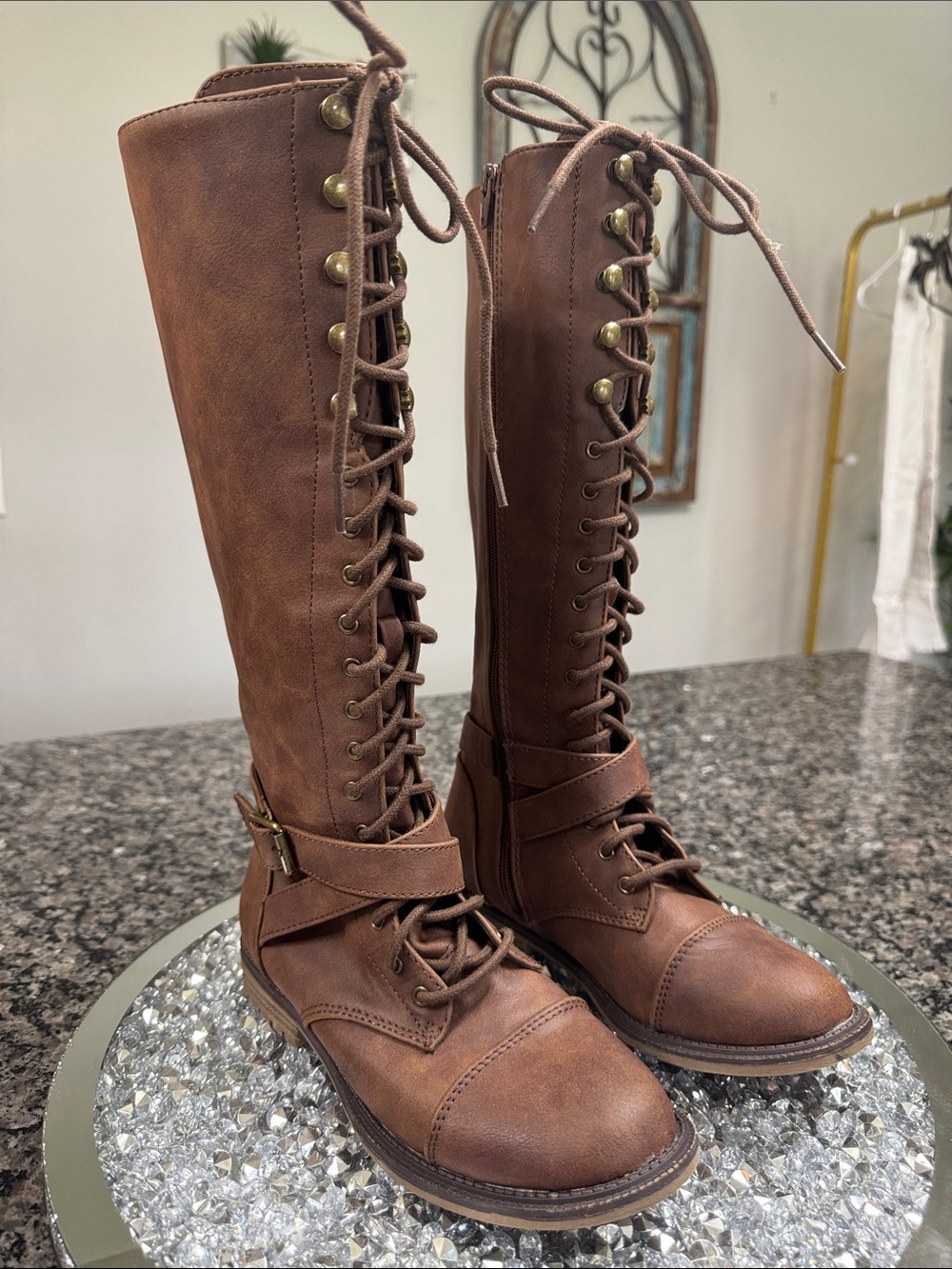 Mossimo Supply Co. Brown Lace-Up Knee-High Boots with Buckle Strap EUC 6